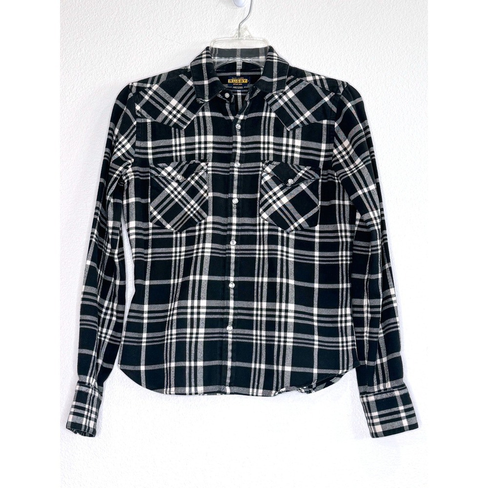 RUGBY RALPH LAUREN Women Flannel Shirt Sz 4 Black Cream Plaid Rhinestone Western